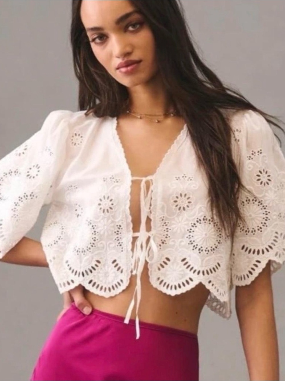 Anthropologie White Floral Eyelet Crop Tie Front Top one size